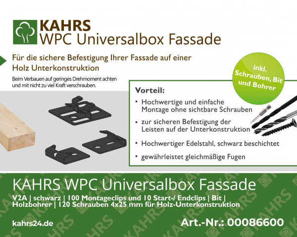 KAHRS WPC Universalbox Fassade, Montageclip V2A, schwarz, 100 Stck/Paket, inkl. Startclips,  Schrauben, Bit und Bohrer für Holz-Konstruktion_2