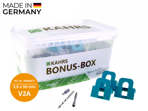 KAHRS Terrassenschrauben Professional Bonusbox 5,0x50 mm, V2A, Zylinderkopf, 500 Stk./Paket, inkl. Bit, 3 Fugenlehren und Bohrer_1