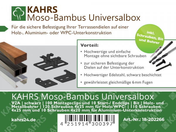 KAHRS Moso-Bambus Universalbox, Montageclip V2A,  schwarz, 100 Stck/Paket, inkl. Startclips,  Schrauben, Bit und Bohrer_1